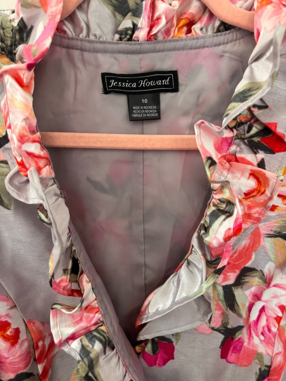 Jessica Howard Gray Floral Ruffle Wrap Midi Dress with Pink Blooms - Picture 3 of 6